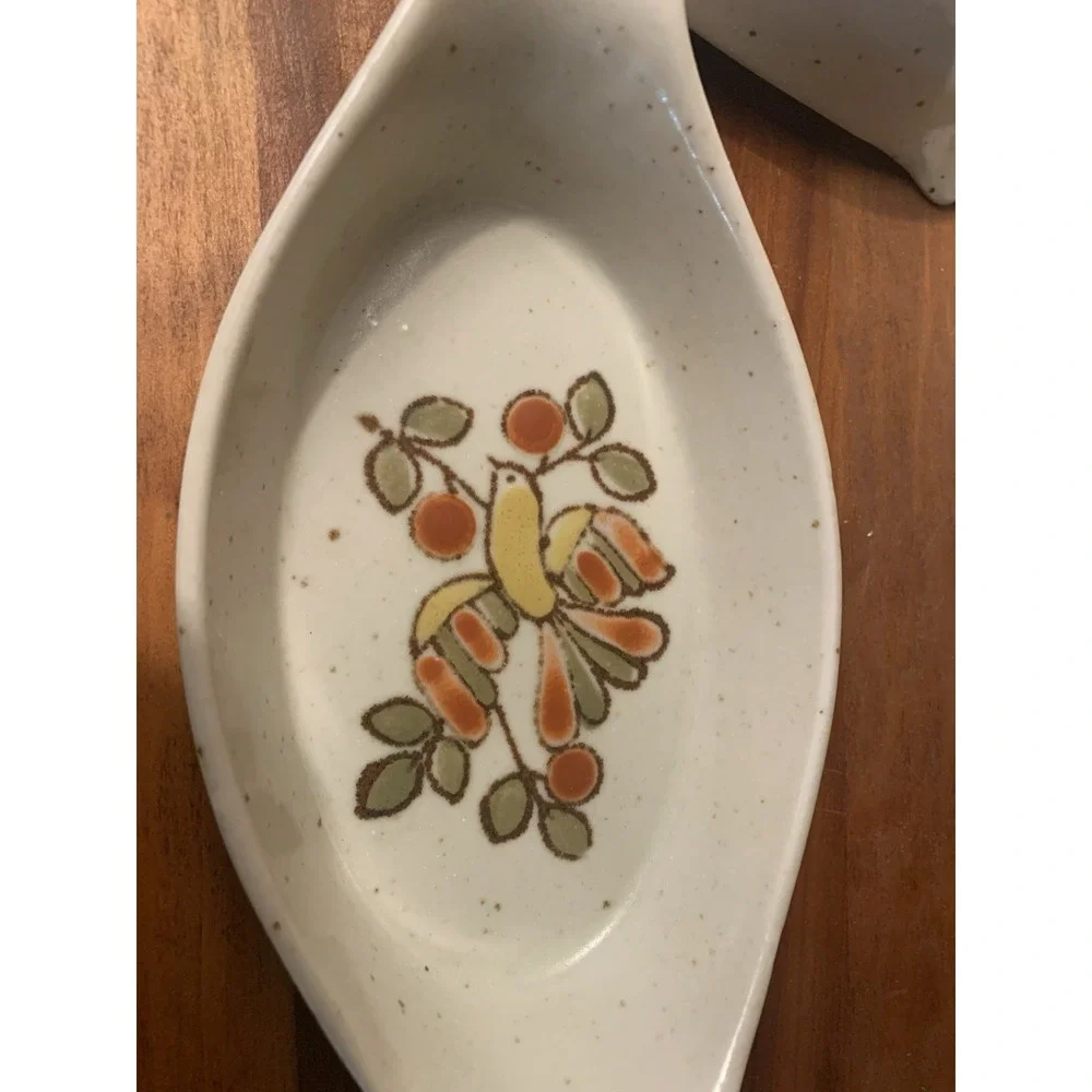 VTG Otagiri Japan Au Gratin Casserole Dish Speckled Stoneware Set 4 Bird Berries